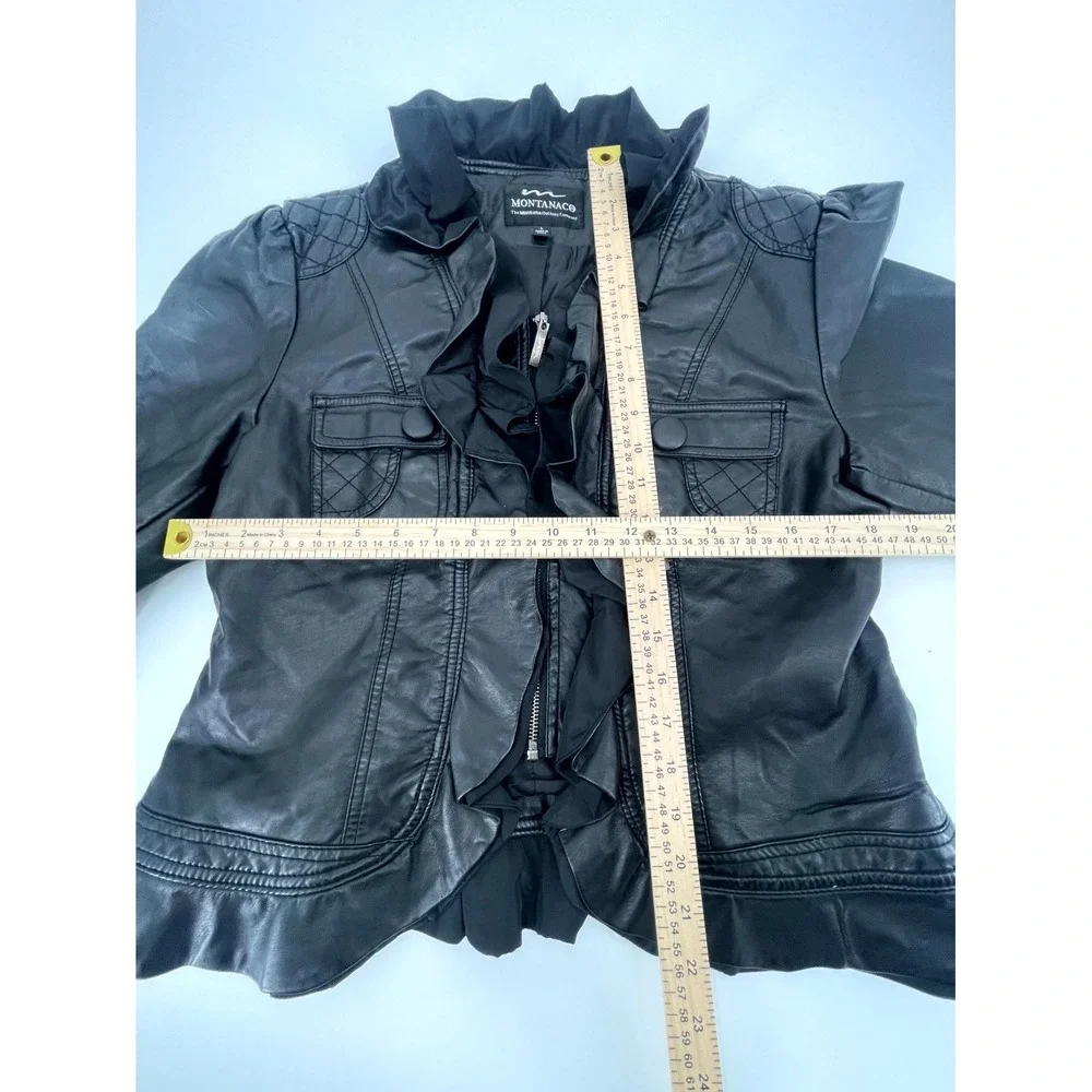 Montanac Co Jacket Womens Large Black Faux Leather Lined Ruffle‎ Trim Full Zip
